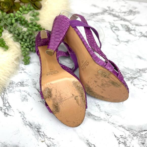 Chloe Purple Python Snakeskin Strappy Open Toe Heels Size 11 - Picture 8 of 8